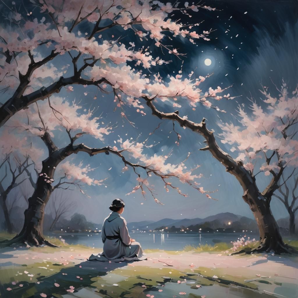 Impressionist Figure Under Cherry Blossom Tree