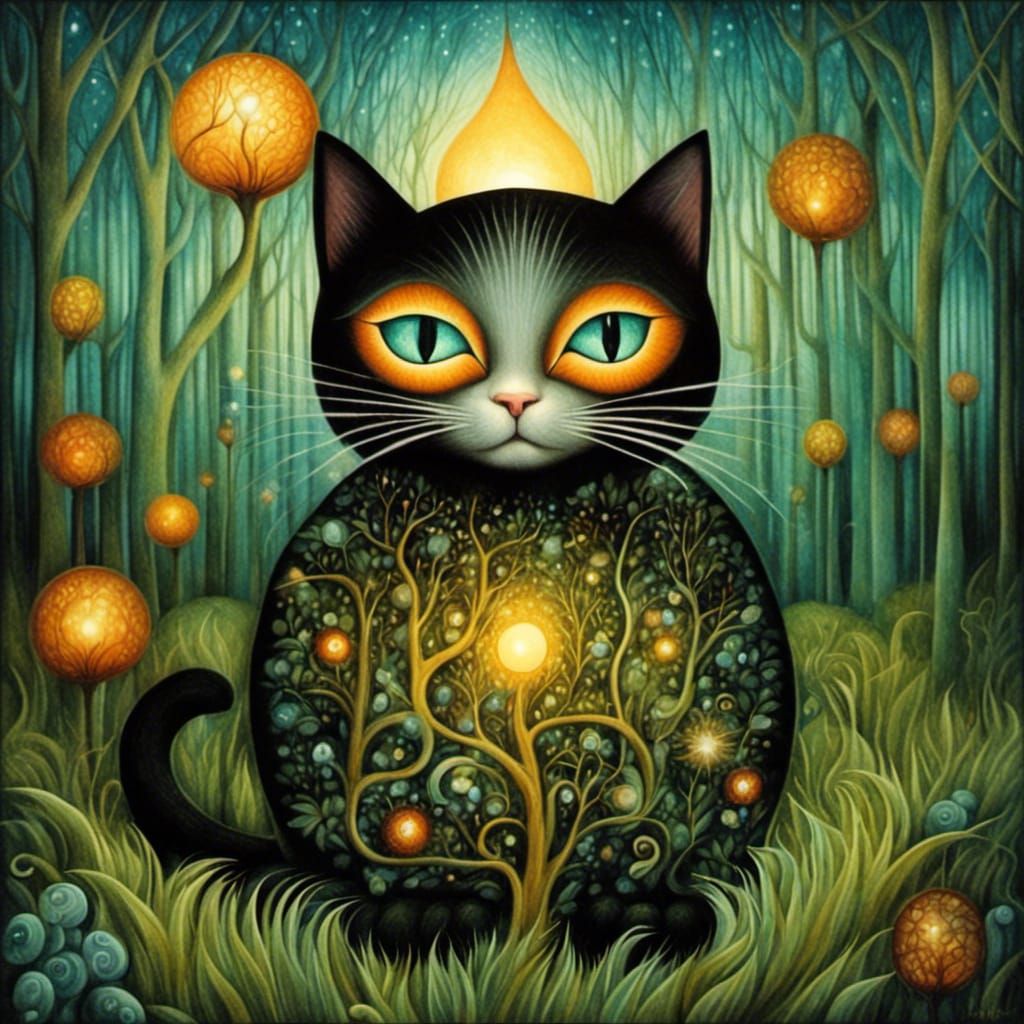 Black Cat in Magical Forest Illustration