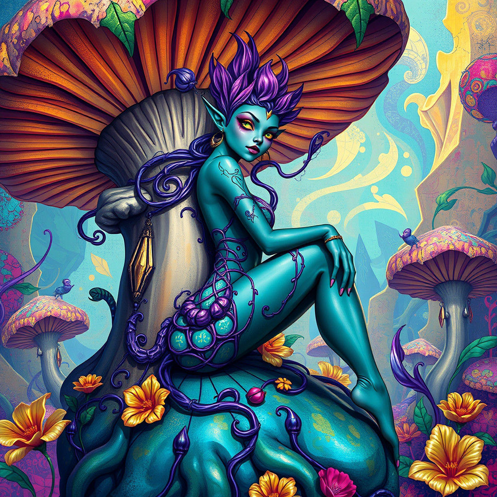 Iridescent Plant Elf on Mushroom, Digital Art Deco Graffiti