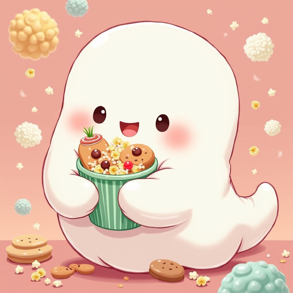Cute Ghost Character Holding Snacks in Anime Style