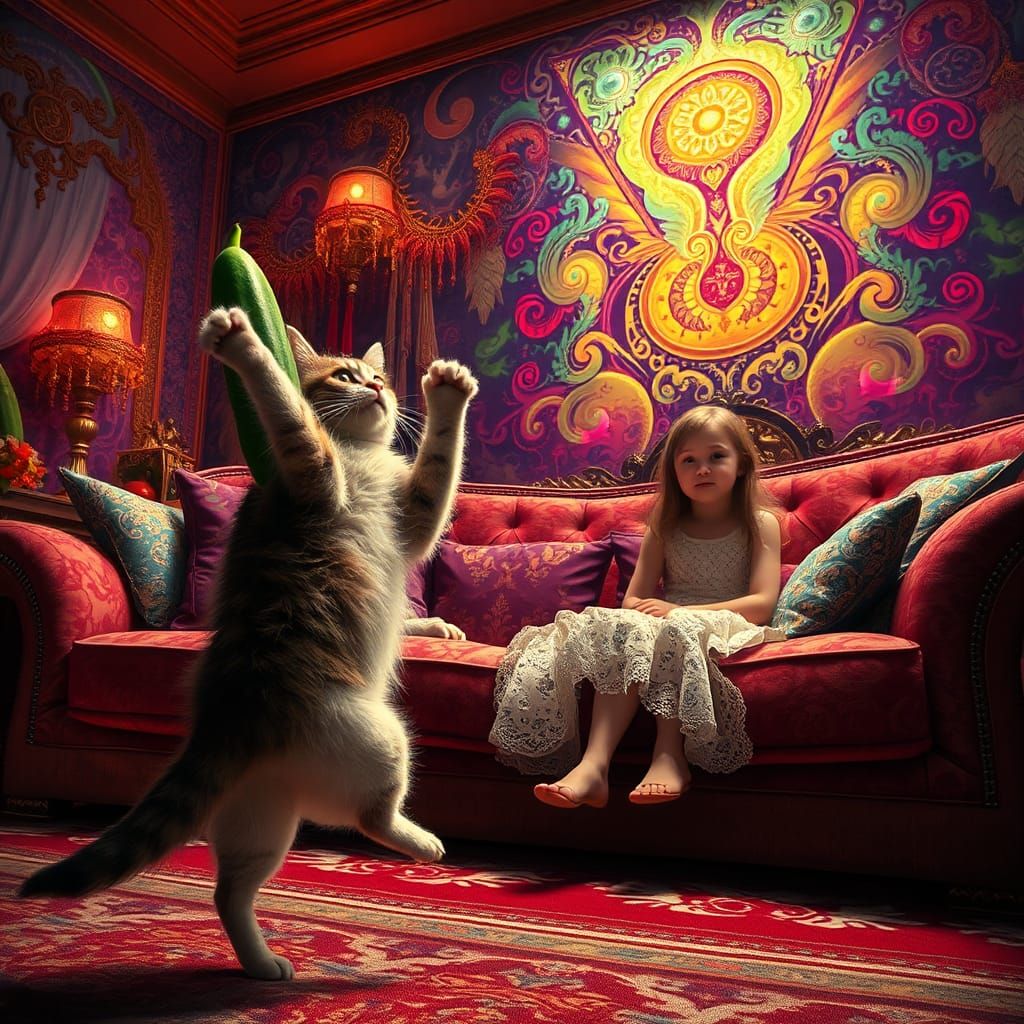 Startled Cat and Cucumber in a Lavish Living Room