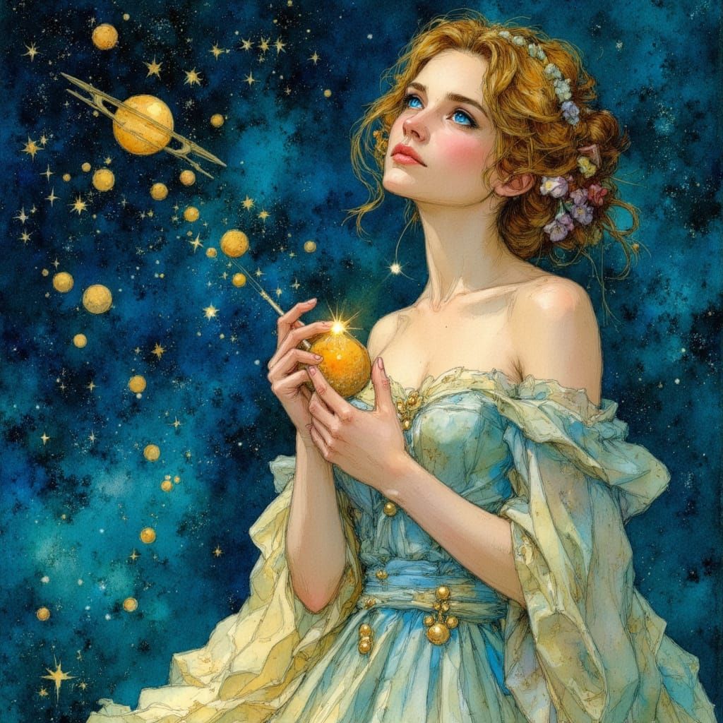 Celestial Seamstress Stitches Night Sky in Watercolor