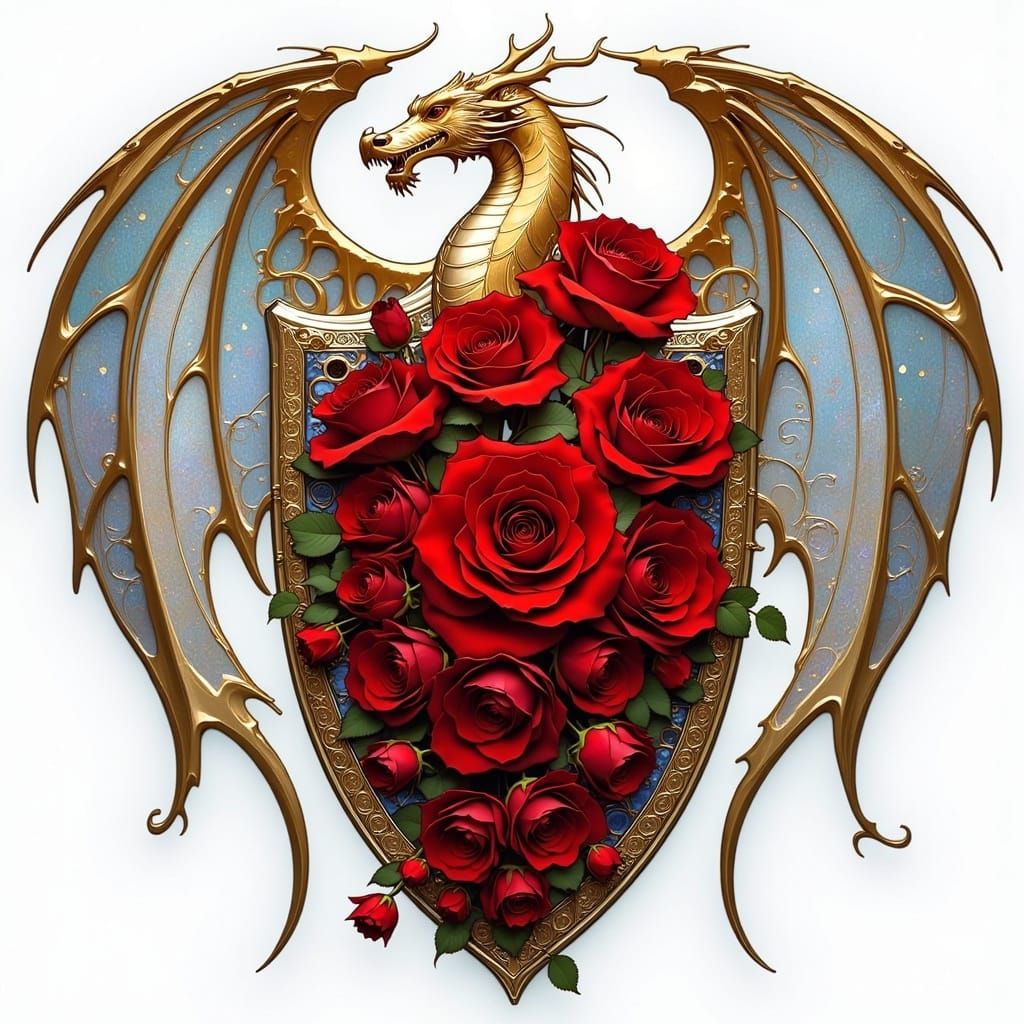 Elegant Art Nouveau Coat of Arms with Dragon Scales and Red....
