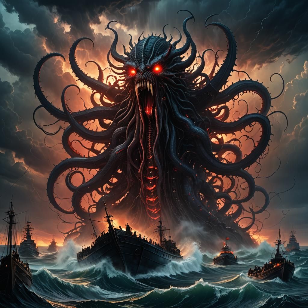 Epic Demon Sinks Warships at Sunset