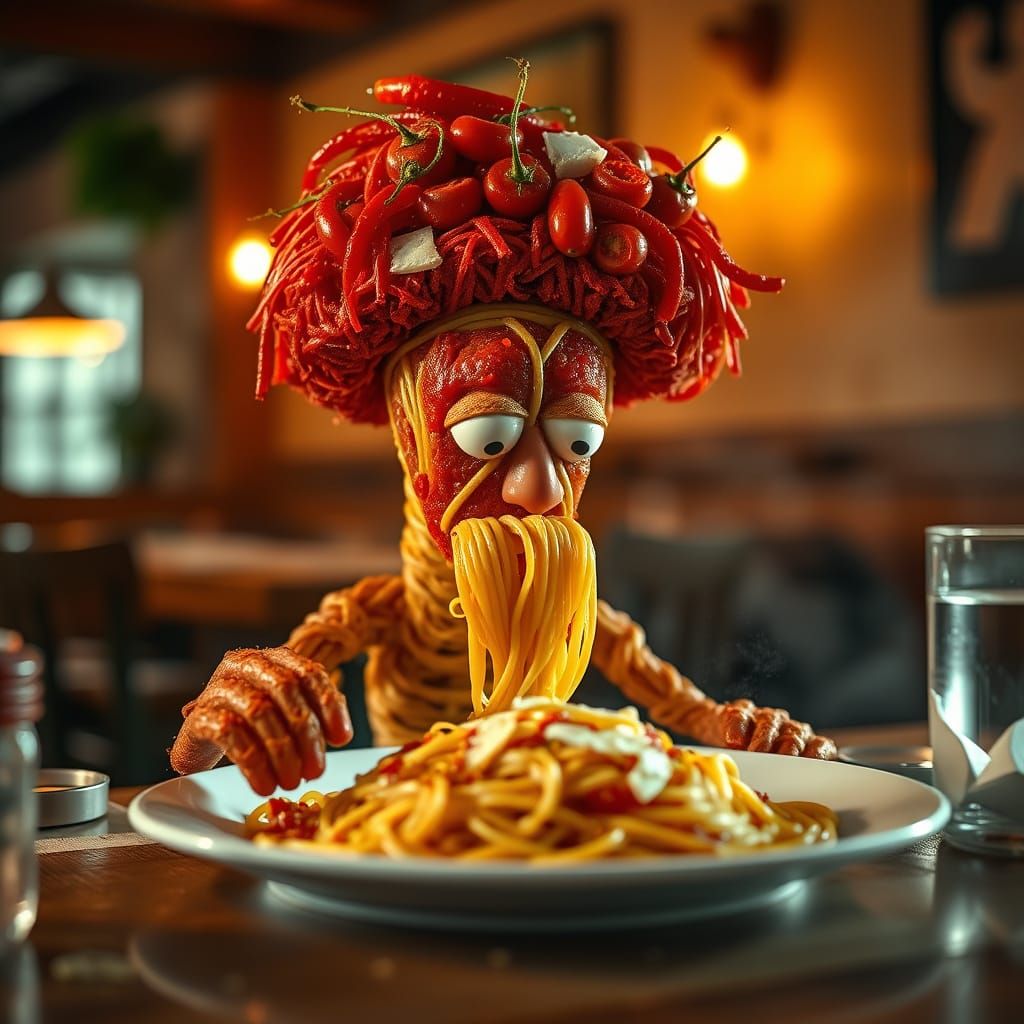 Surreal Spaghetti Figure Dines in Whimsical Italian Setting