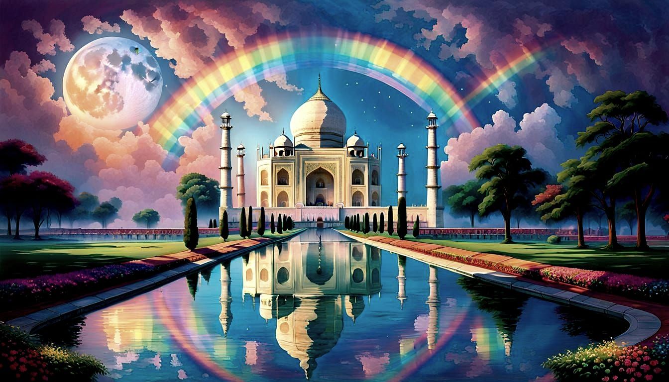 Taj Mahal Under Rainbow Moon in Digital Art Style