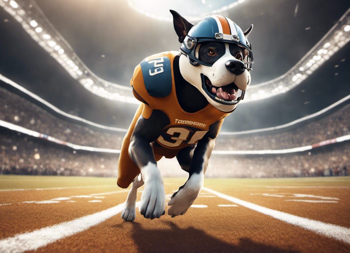 Anthropomorphic Dog Football Champion in Crowded Stadium