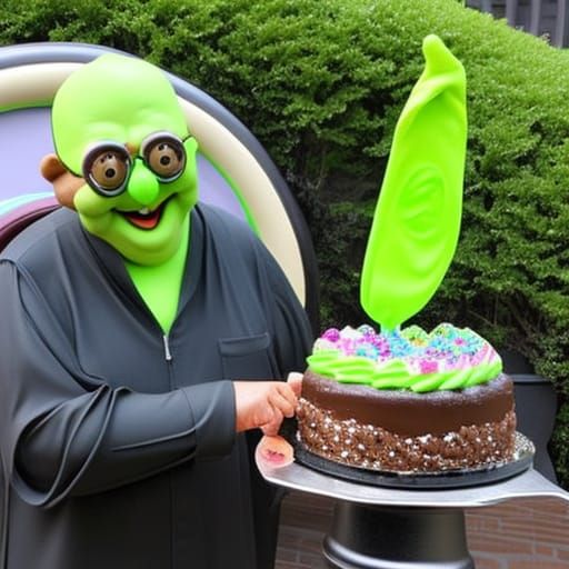 Slimer Enjoys Chocolate Cake