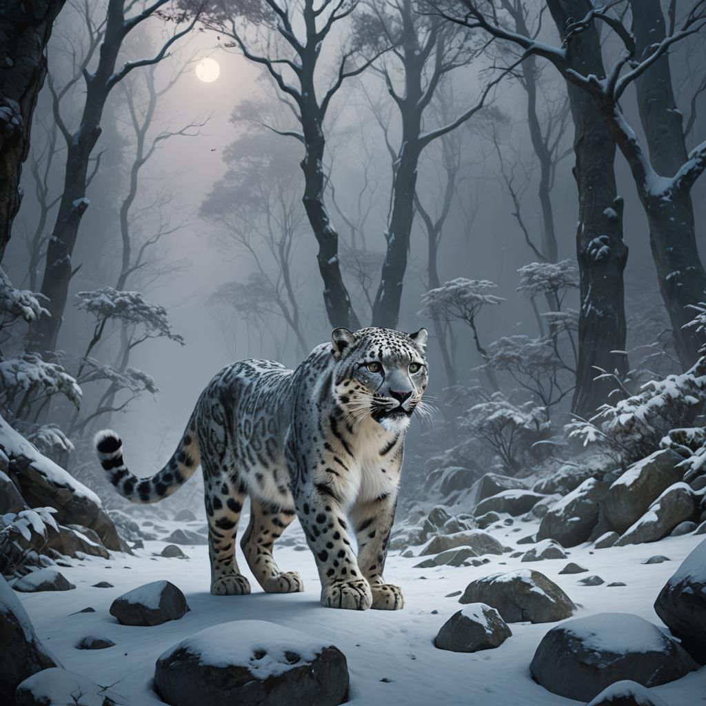 Snow Leopard Roaring in Misty Himalayan Forest