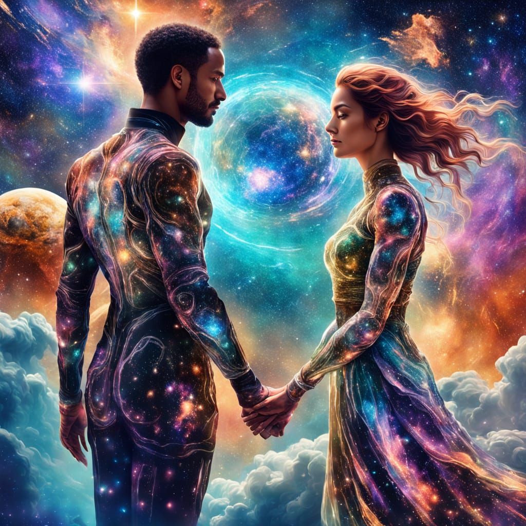 Cosmic Couple Gazing at Astral Vista in Mixed Media