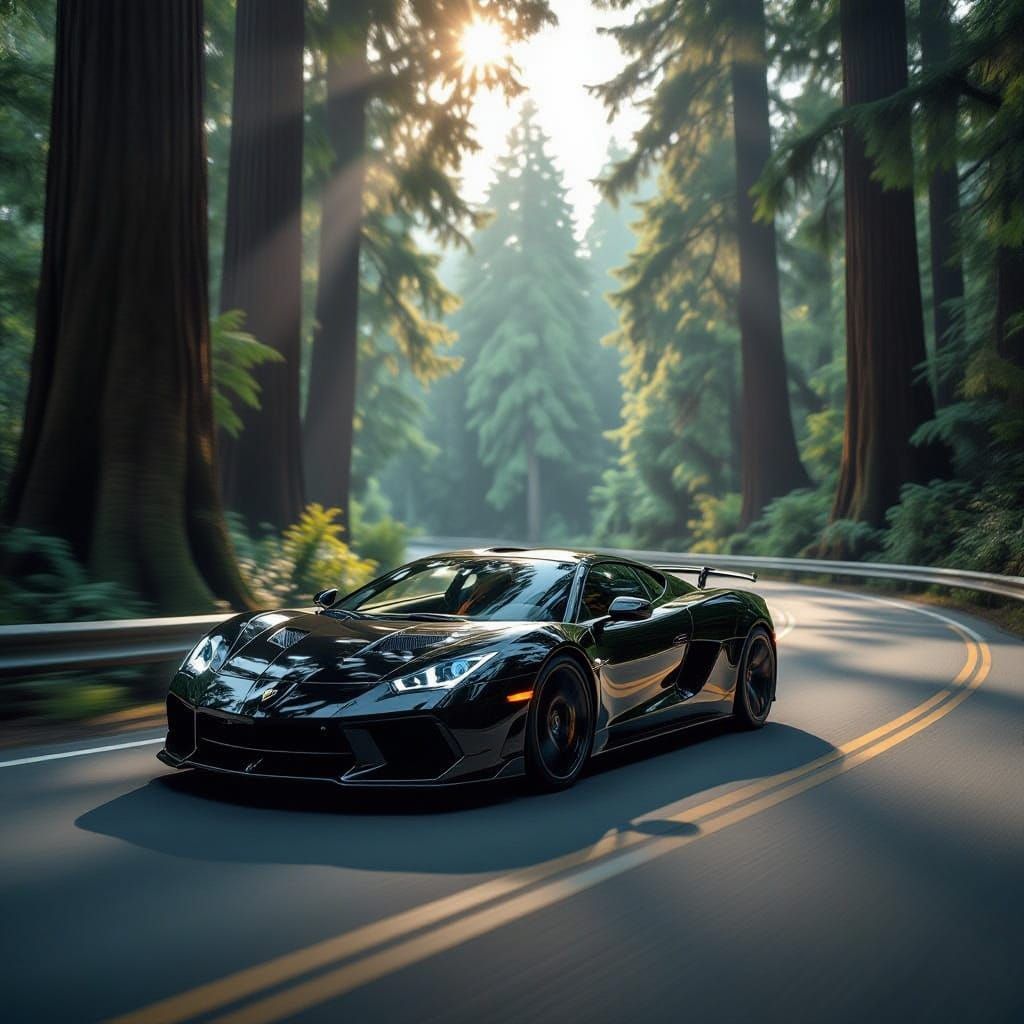 Obsidian Sports Car on Coastal Highway in Ancient Forest