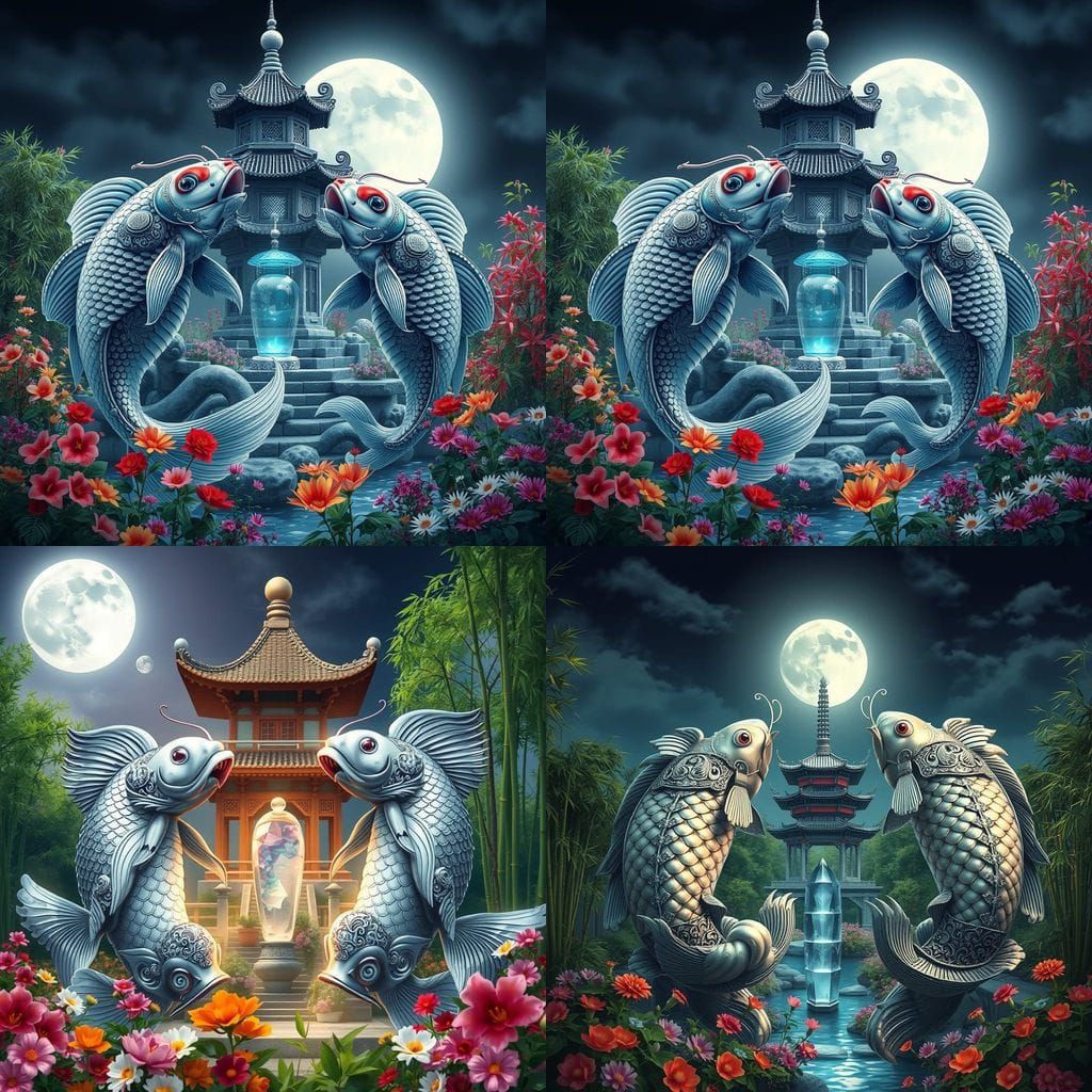 Japanese Koi Guardians in Serene Moonlit Garden