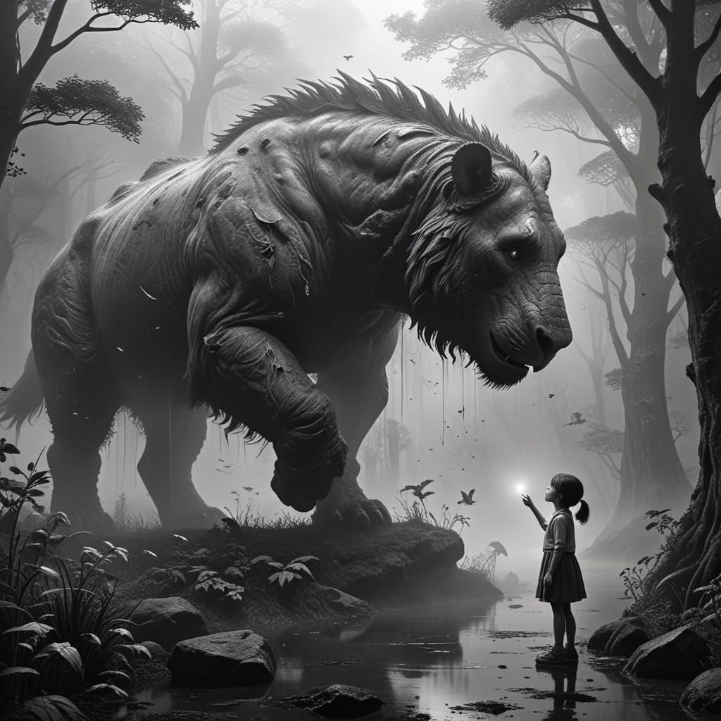 1. A child interacting with a giant animal. 2. A surreal, foggy, or ethereal atmosphere. 3. A black-and-white or desatur...