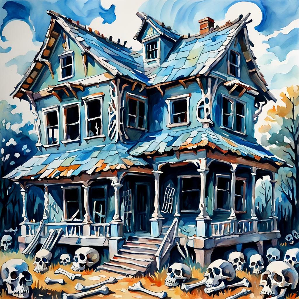Bone House in Gouache and Watercolor Style