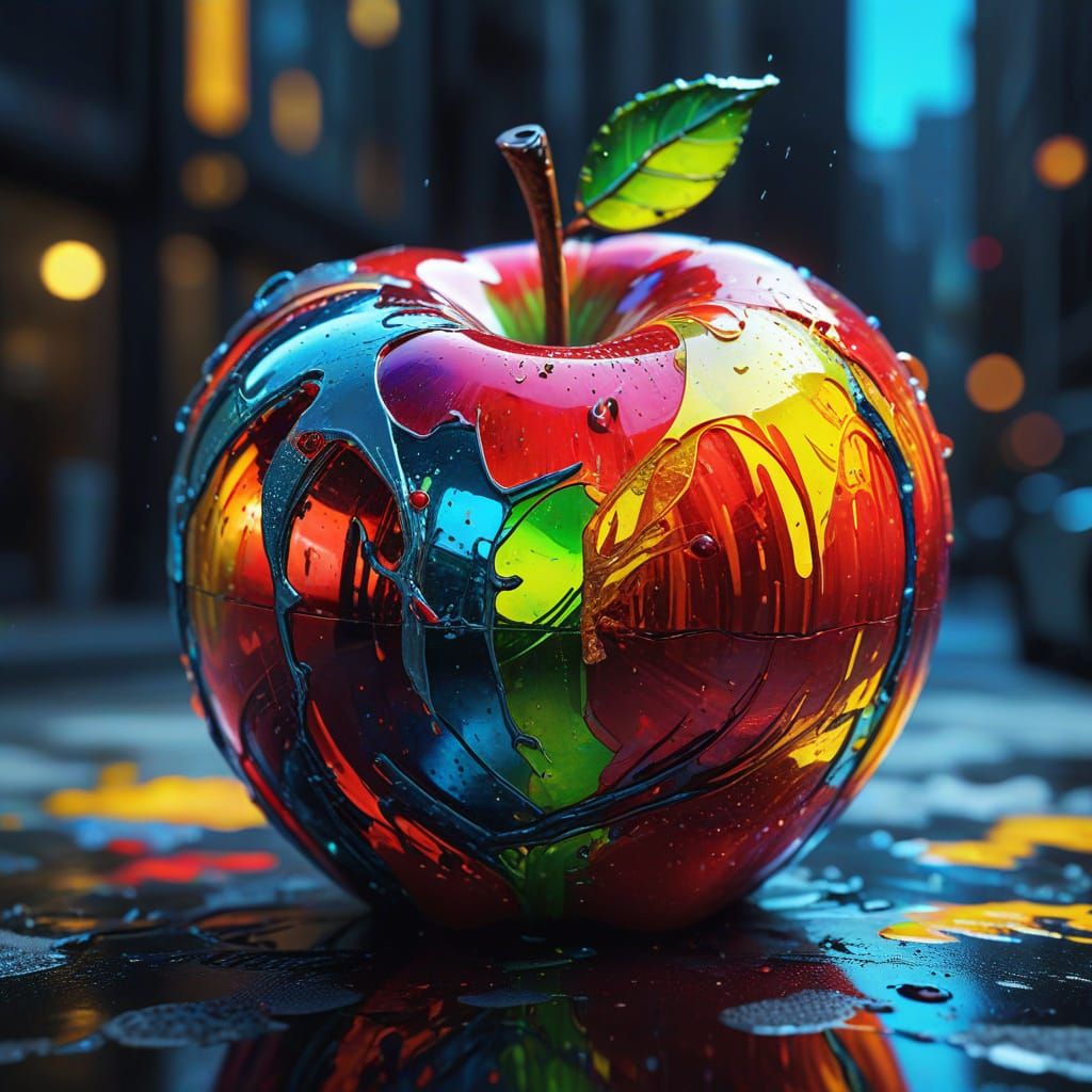 Stained Glass Apple Digital Street Art in Oil Gouache Style