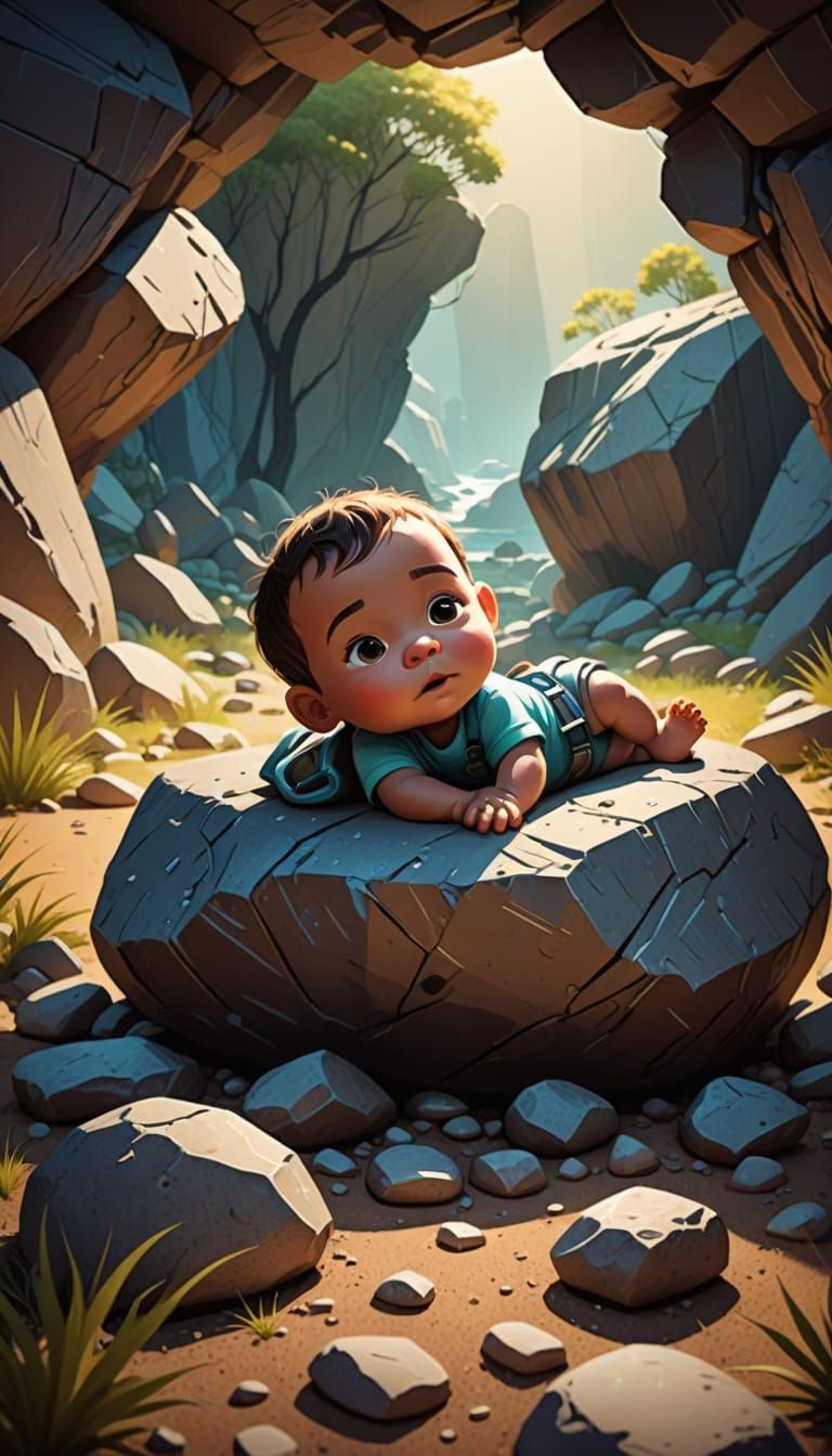 Baby Under Rock: Cartoon Storybook Illustration