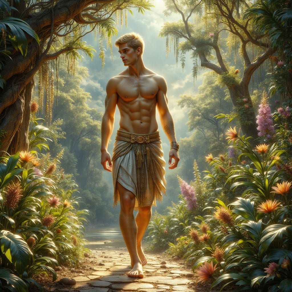 Youthful Adonis in Vibrant Forest Paradise