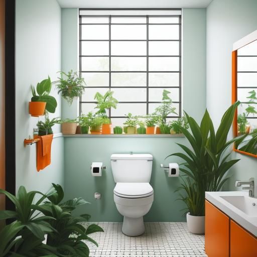 Modern Orange and Aquamarine Bathroom with Plants