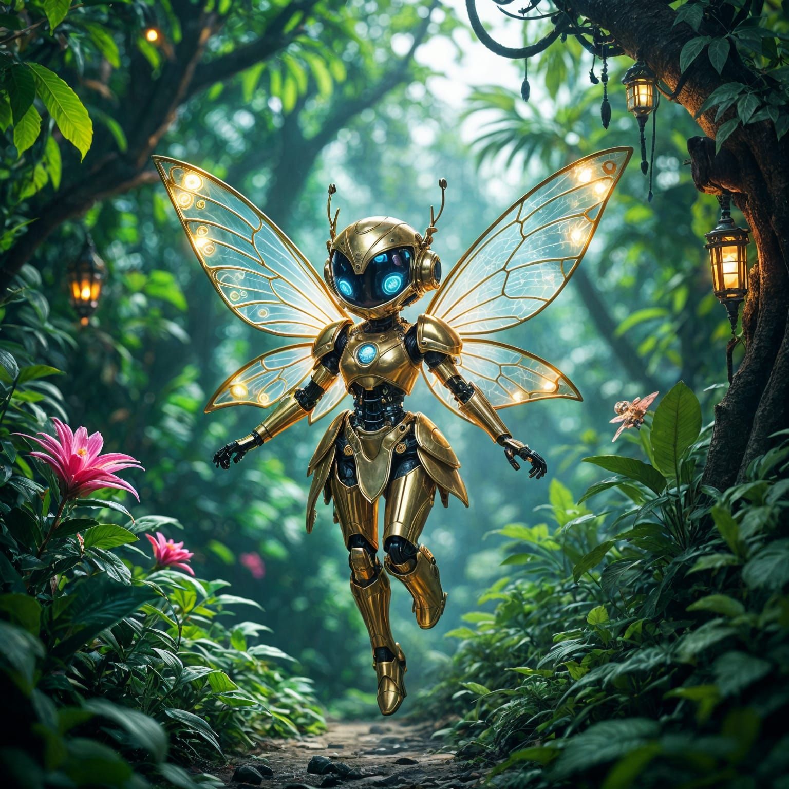 Robotic Fairy in a Neon Tropical Forest