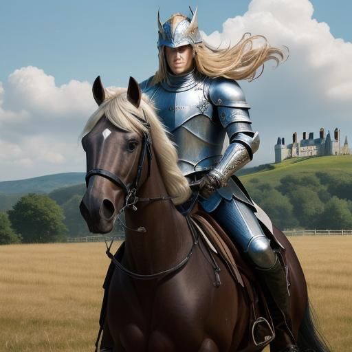 Knight on Horseback with Flowing Hair and Castle