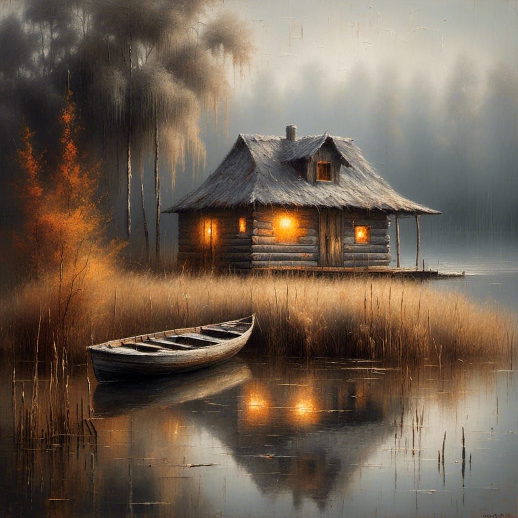 Misty Lake House: Oil Painting in Turner Style