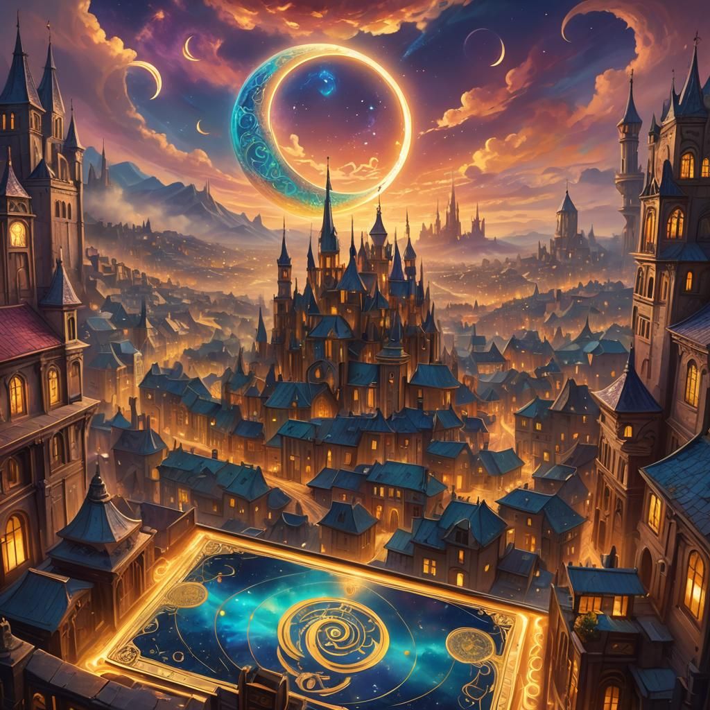 Mystical Cityscape Tarot Card in Oil Painting Style