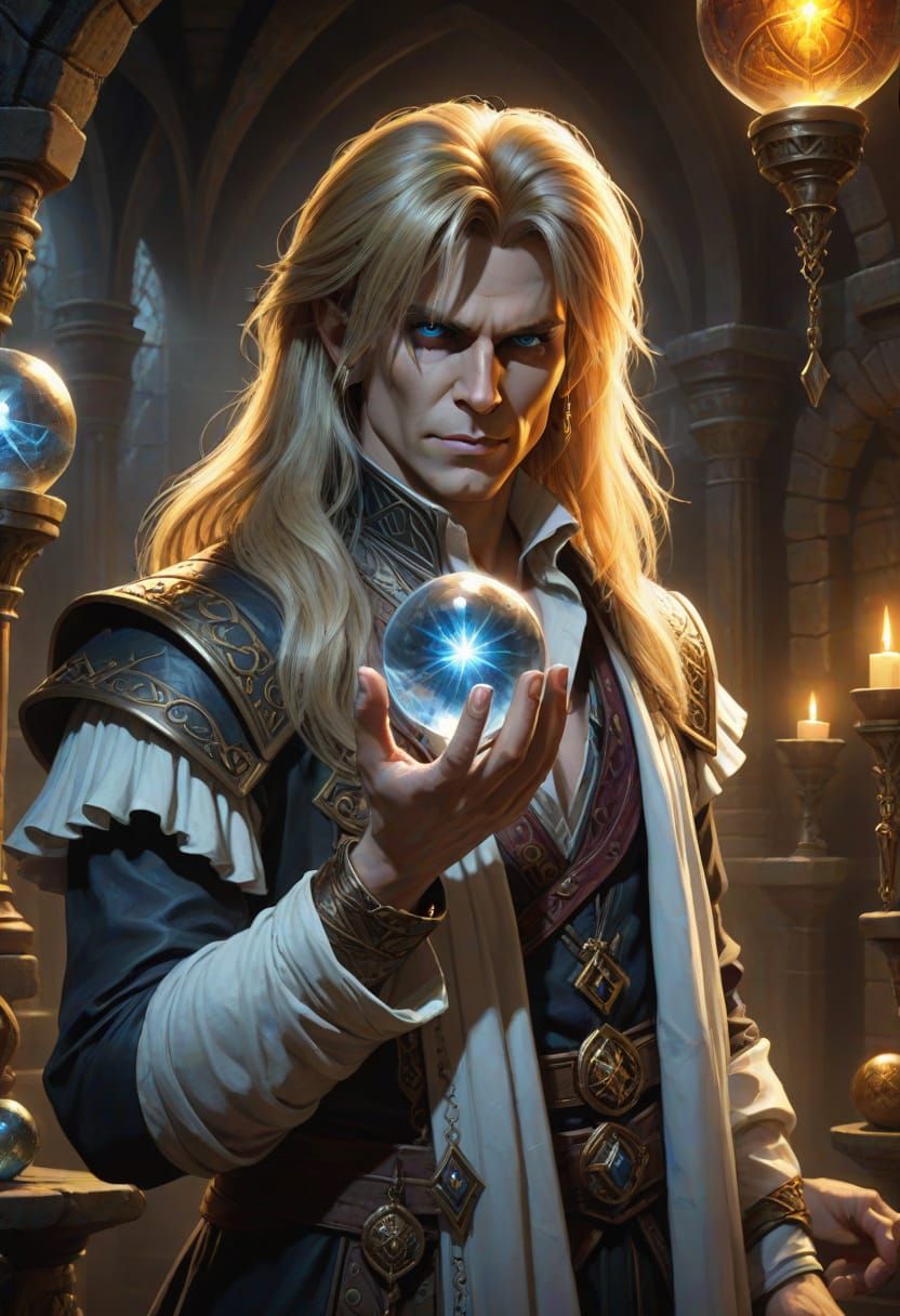 Jareth Holding a Glowing Crystal Ball in Gothic Architecture