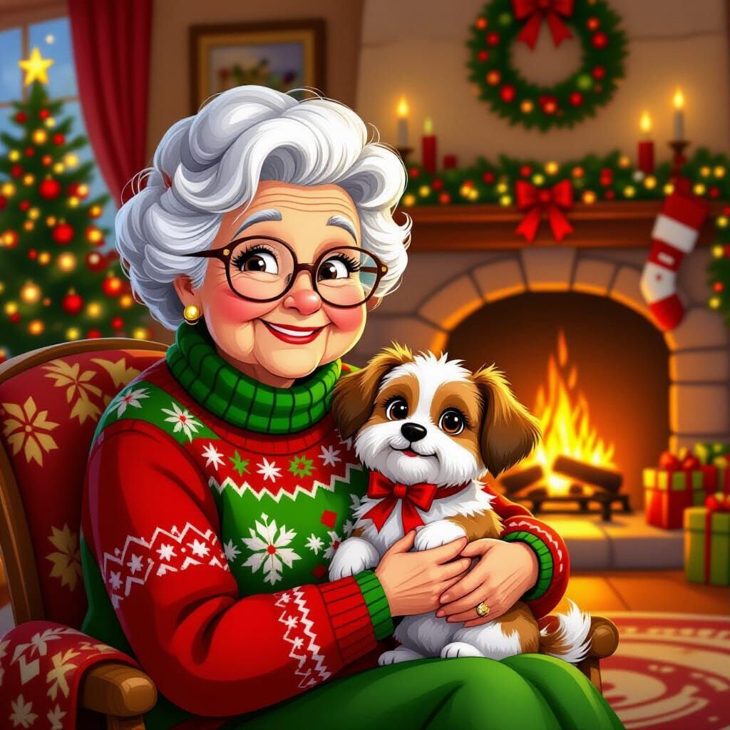 Cartoon Grandma and Dog in Cozy Christmas Room