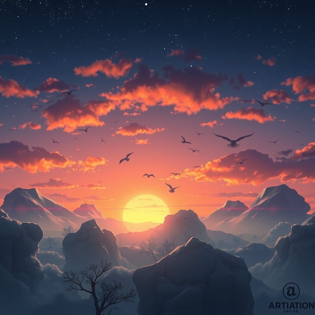 Sunset Song: Detailed Matte Painting with Birds and Stars