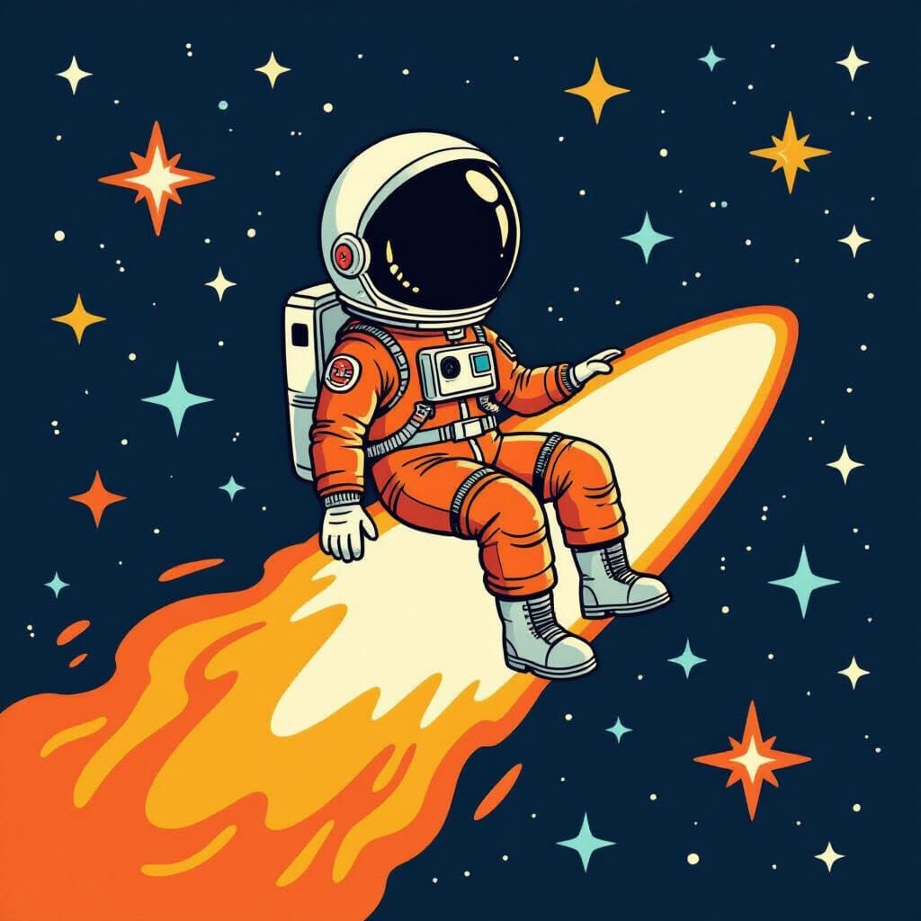 Astronaut Comet Ride in Whimsical Style