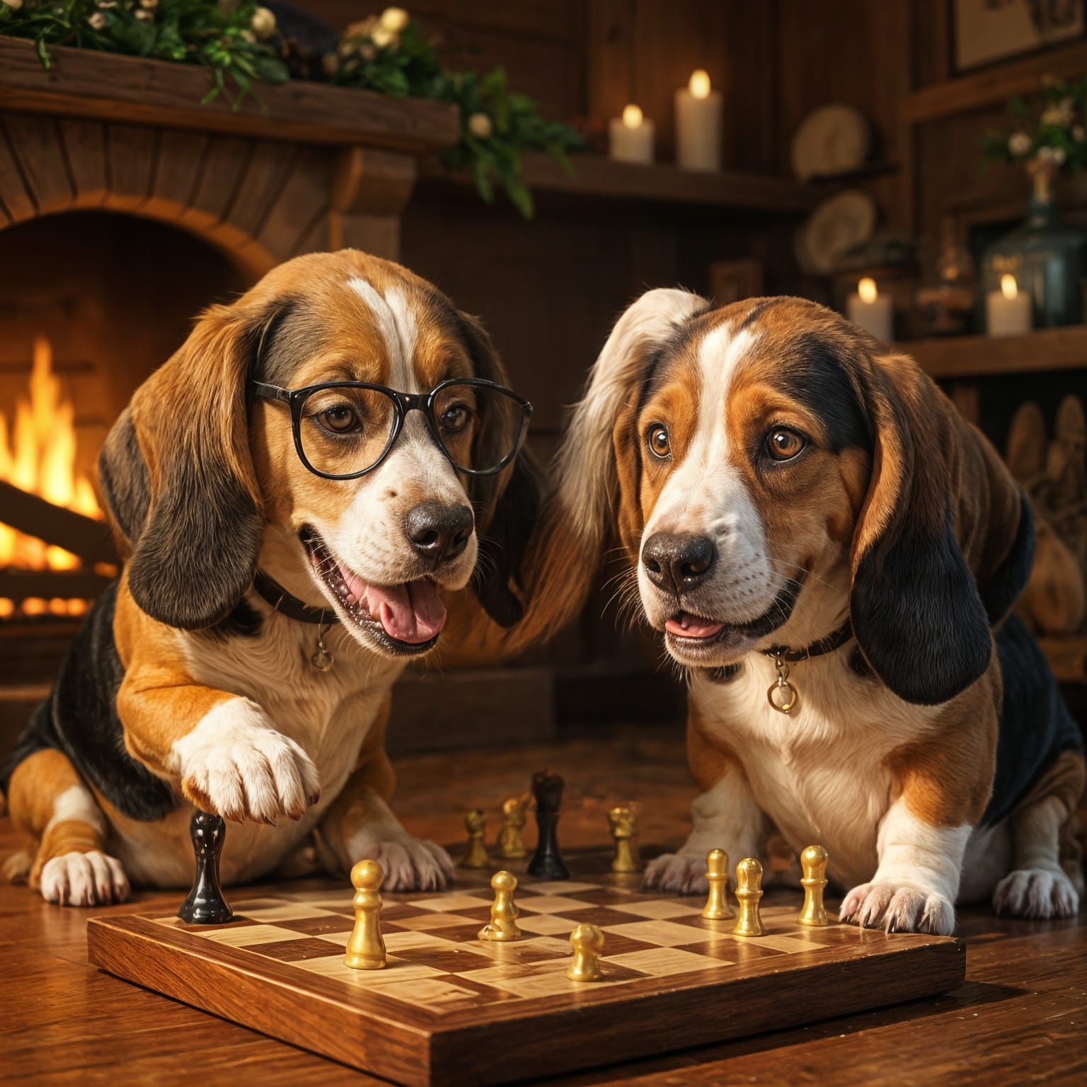 Basset Hounds Playing Chess: Detailed Matte Painting