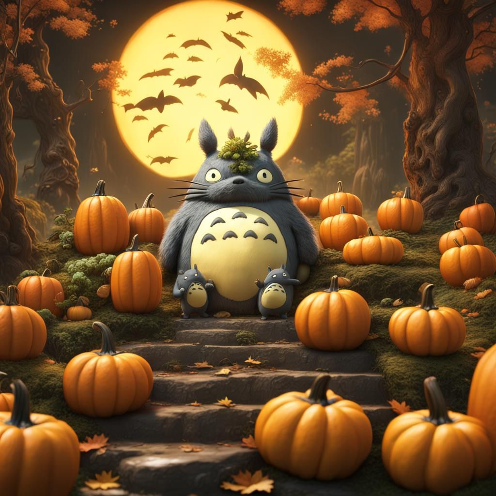 Totoro Carved Pumpkins in a Fantastical Field