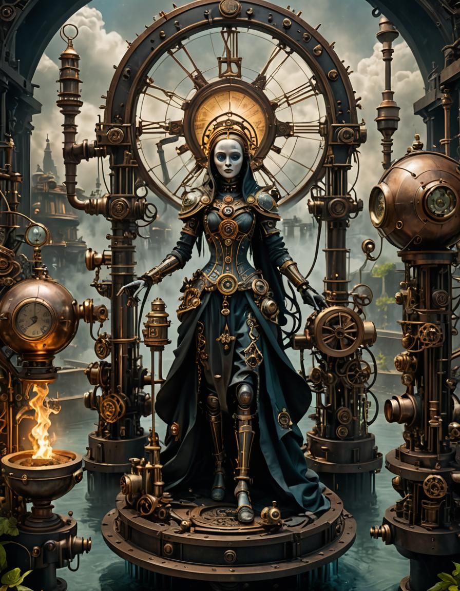 Steampunk Madonna Oracle in Grimdark Clockwork Garden