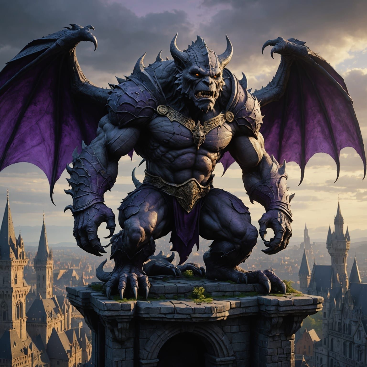 Gargoyle Awakening on Dark Castle, Fantasy Art