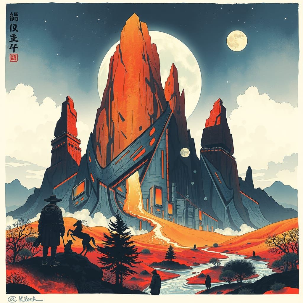 Epic Futuristic Landscape in Calligraphy Art