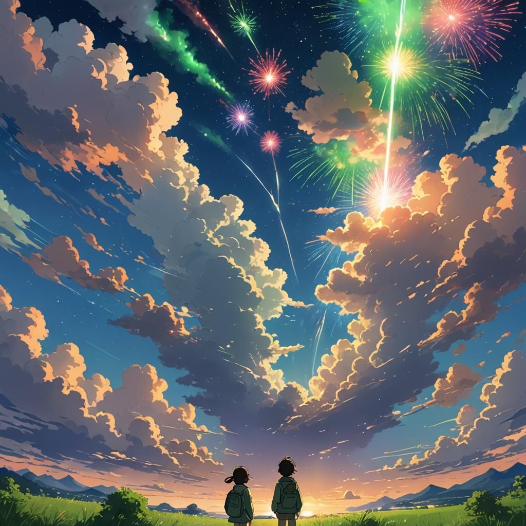 Fireworks Illuminate a Heart in Ghibli Anime Style