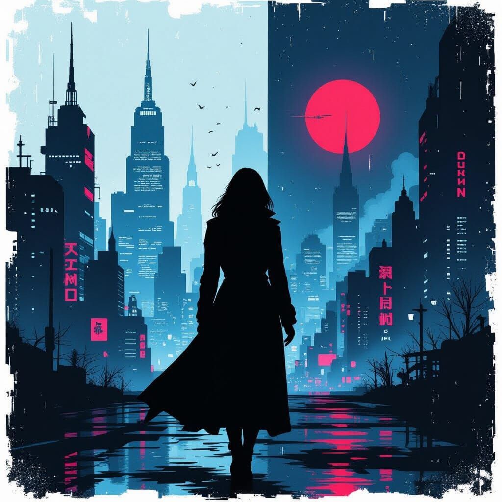 Film Noir Poster with Cyberpunk Cityscape