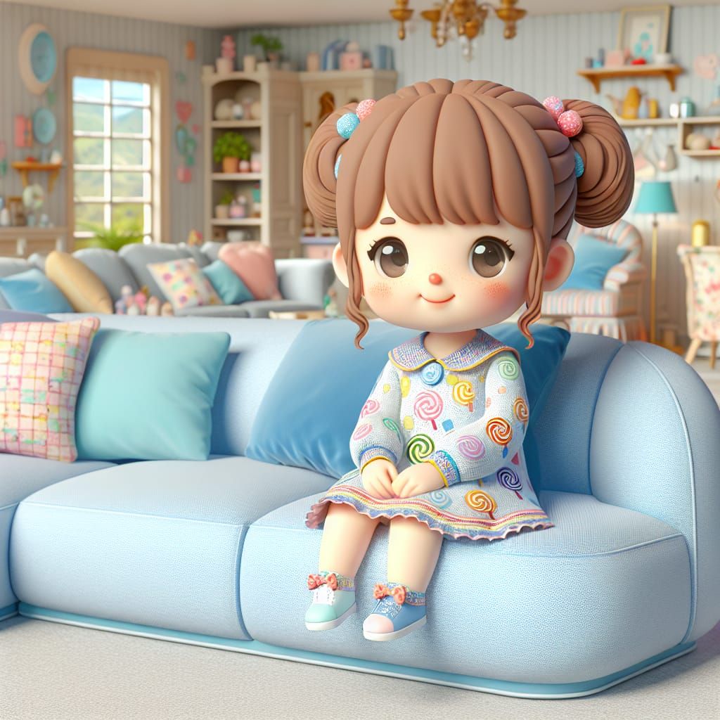 Disney Pixar style 3D adorable little girl, doll, pigtails, wearing a sweet dress with candy designs, colorful, sitting ...