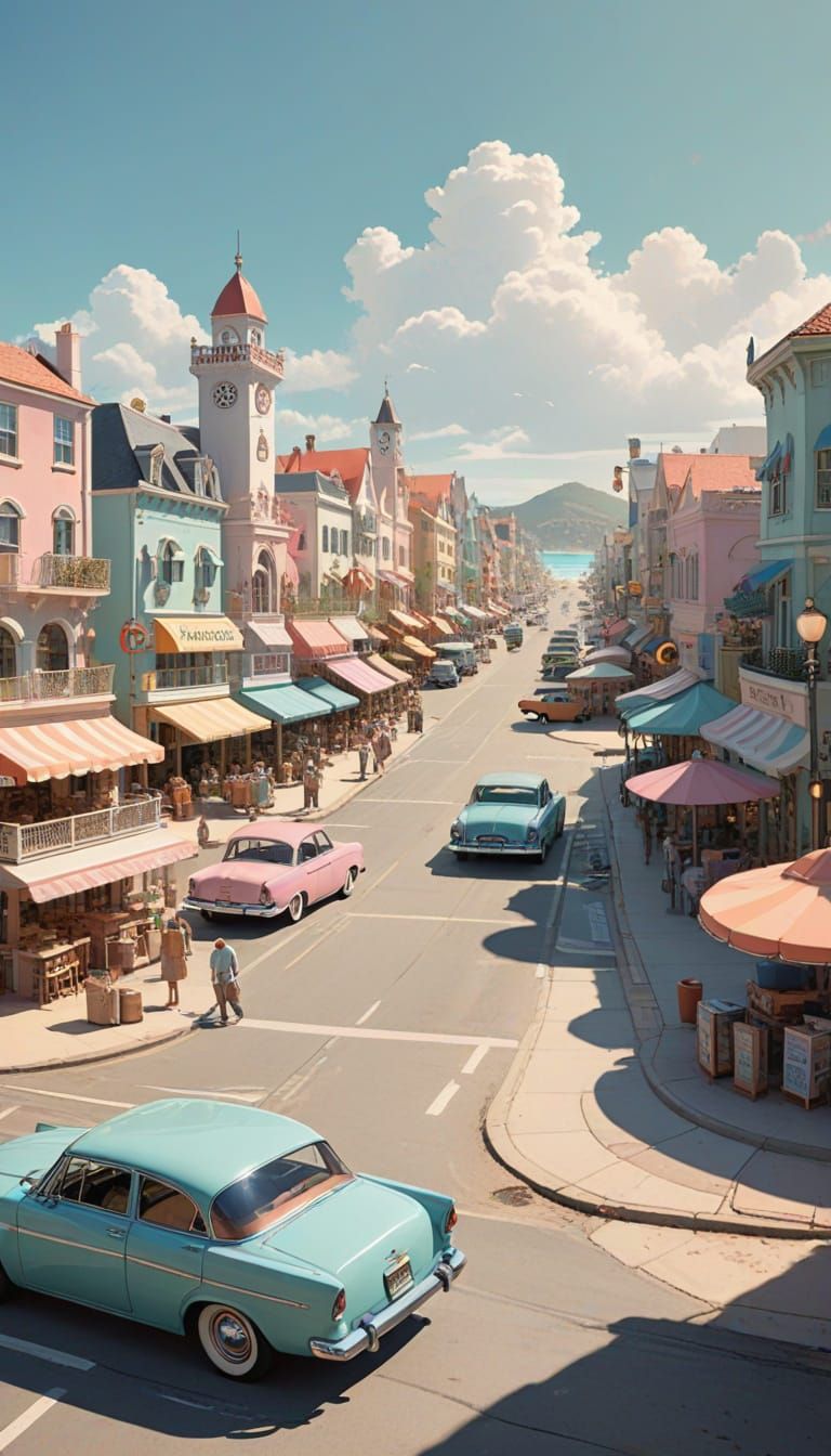 Sunlit Beach Town in Cartoon Comic Art Style