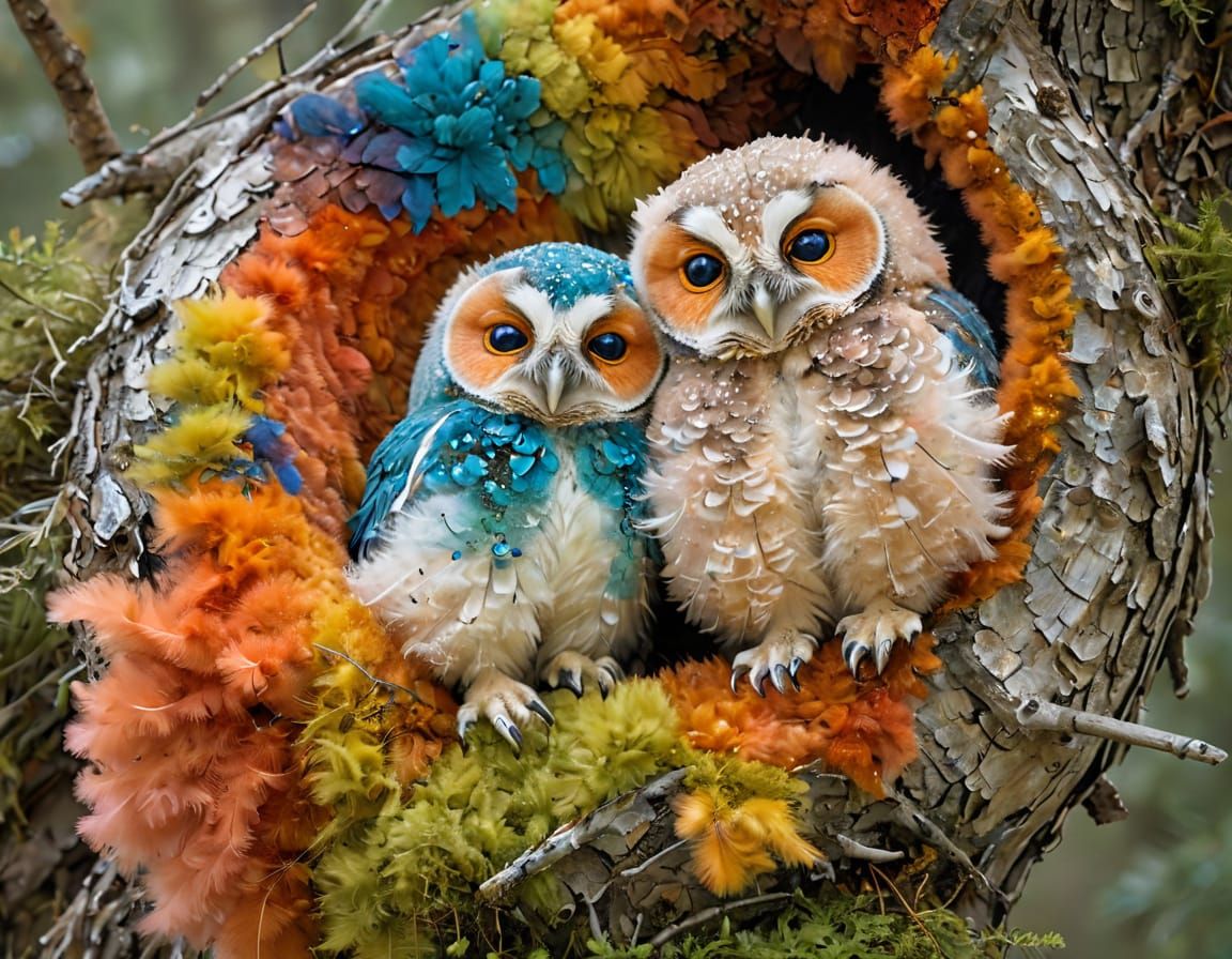 Sleepy Owlets in bark branch with rainbow colors