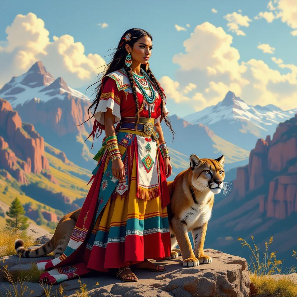 Proud Woman Overlooking Valley with Mountain Lion