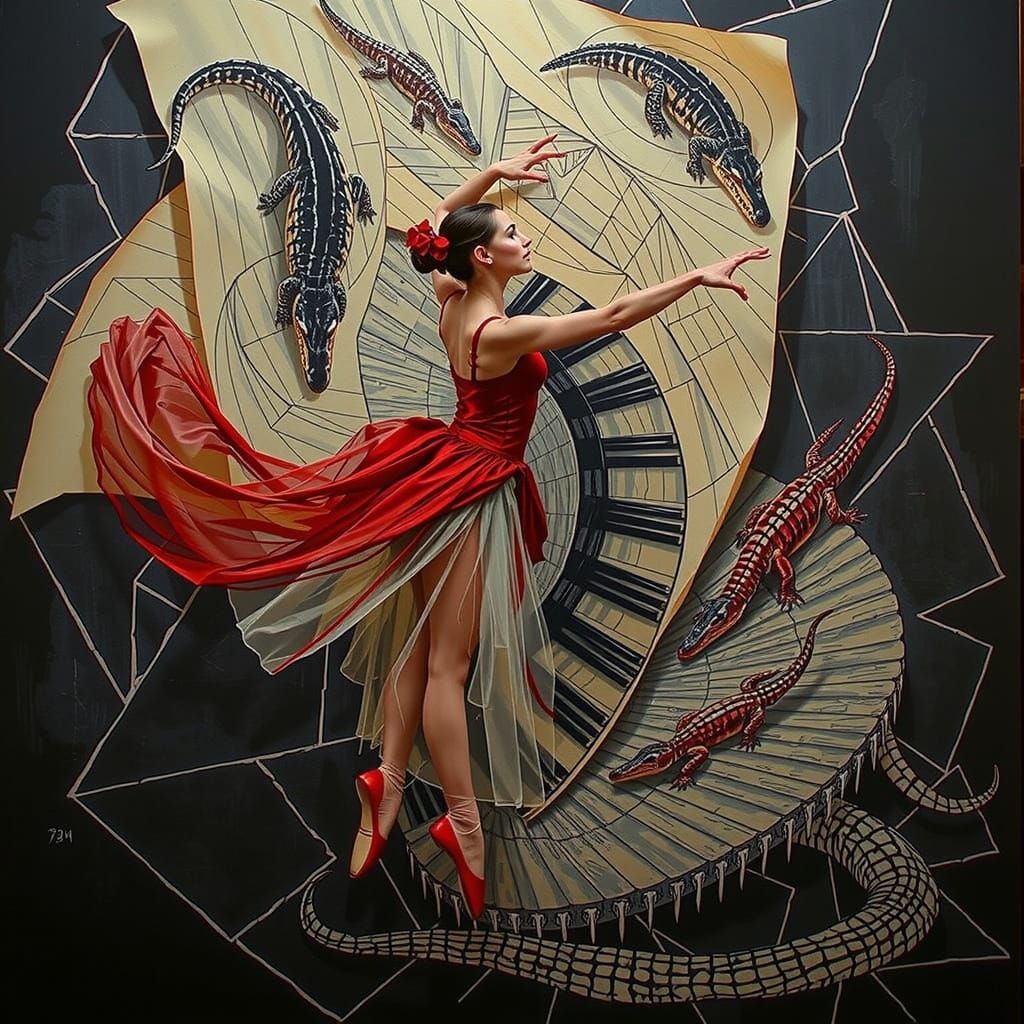 Ballerina Dancing on Piano in Escher-Inspired Drawing