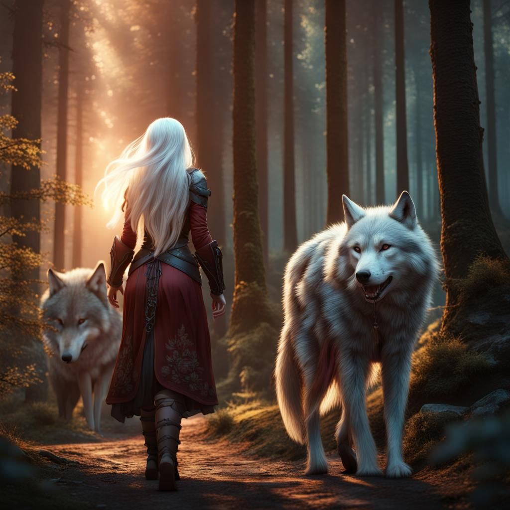 Woman and Wolf in Forest Sunset: Matte Painting