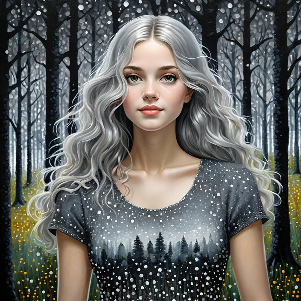 Pointillist Forest Scene with Woman and Goat