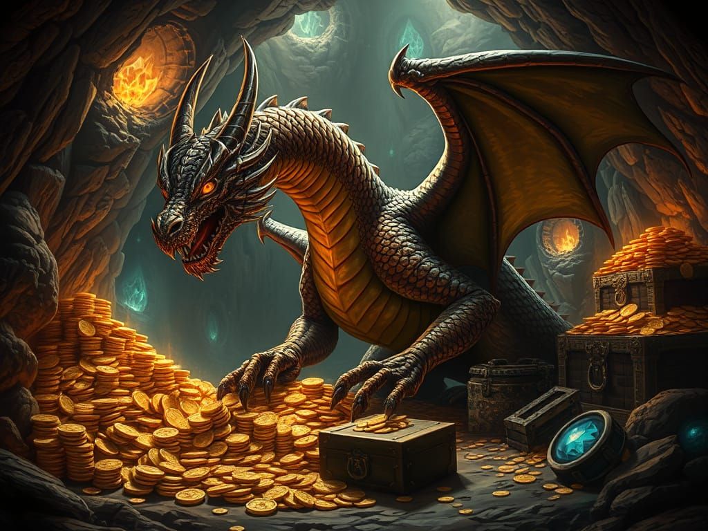 Majestic Dragon Amidst Glittering Treasure Hoard