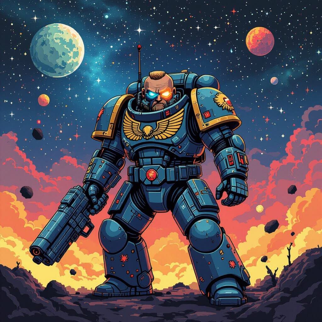 Grizzled Space Marine in Pixel Art with Cybernetic Eye