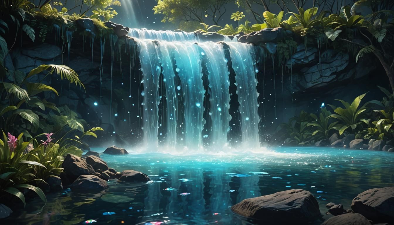 Magical Waterfall and Luminous Fish in Jungle