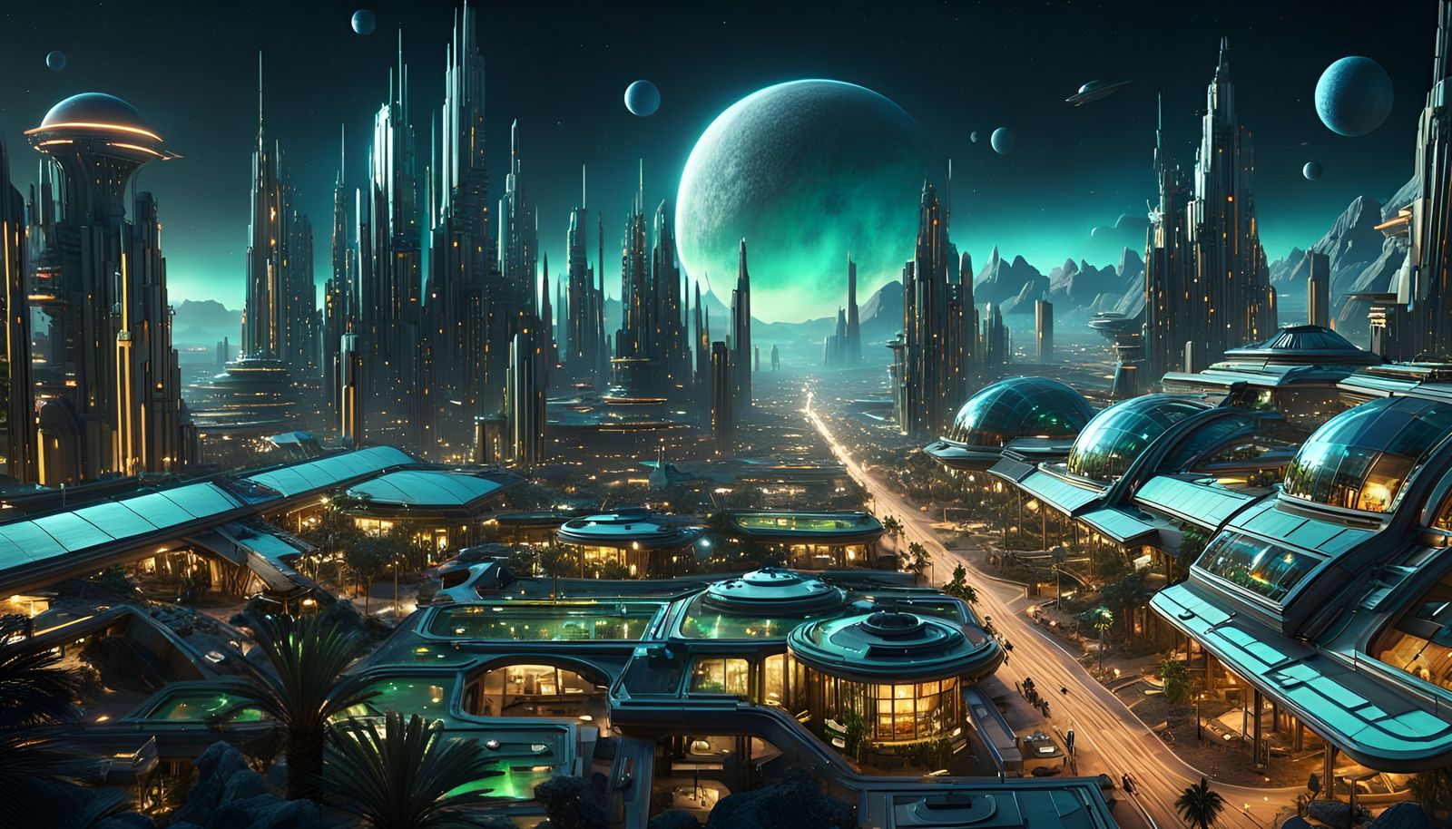 Futuristic Desert City on Exoplanet at Night