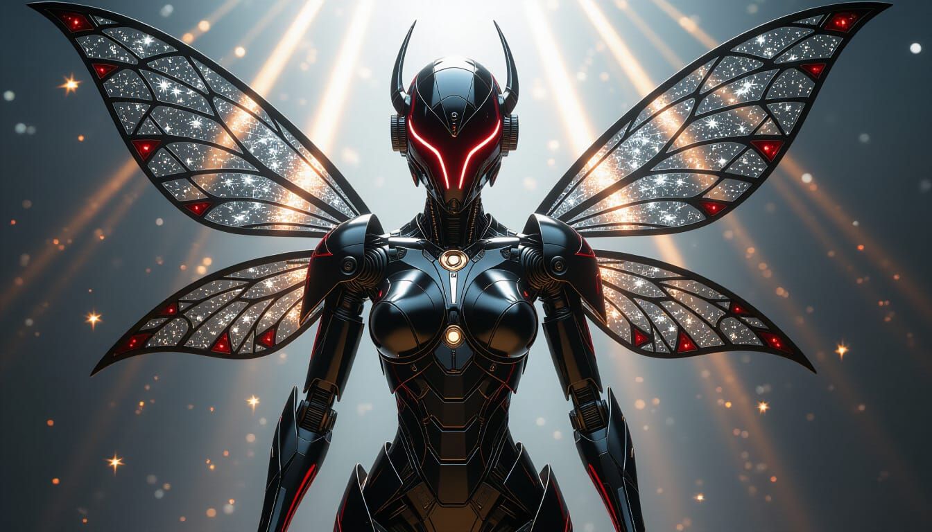 Futuristic Robot with Fairy Wings in Biomechanical Style