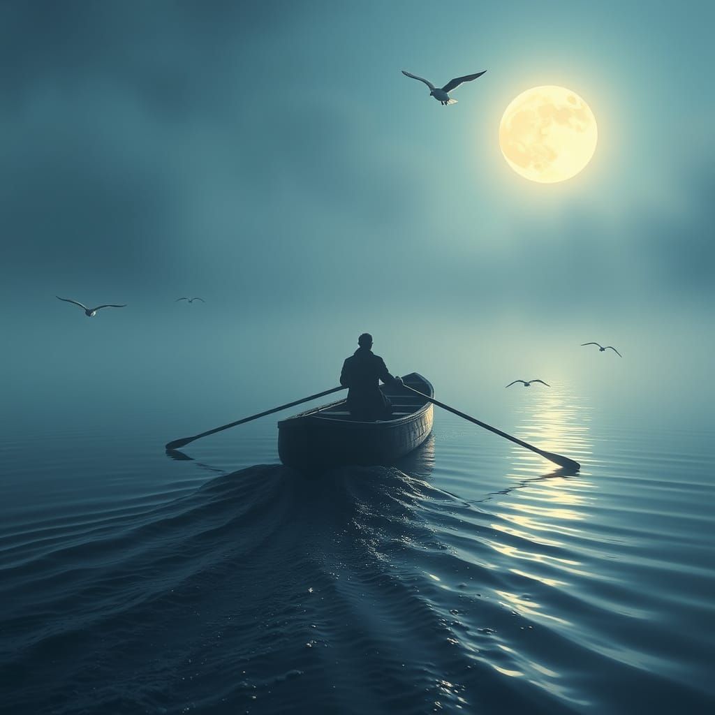 Lone Figure Rows Invisible Boat in Moonlit Fog